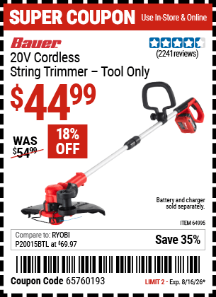 Harbor Freight Coupons, HF Coupons, 20% off - BAUER 20V Hypermax Lithium Cordless String Trimmer for $39.99
