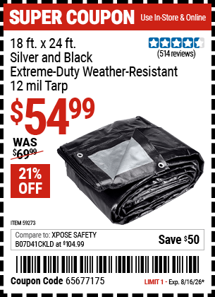 Harbor Freight Coupons, HF Coupons, 20% off - 18 ft. x 24 ft. Silver and Black Extreme Duty Weather Resistant Tarp for $54.99
