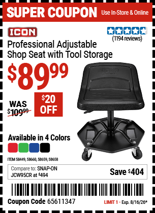 Harbor Freight Coupons, HF Coupons, 20% off - ICON Professional Adjustable Shop Seat with Tool Storage 