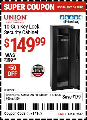 Harbor Freight Coupons, HF Coupons, 20% off - UNION SAFE COMPANY 10 Gun Key Lock Security Cabinet for $169.99