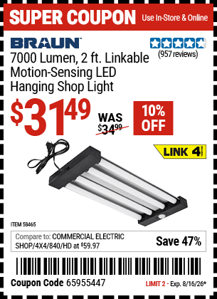 Harbor Freight Coupons, HF Coupons, 20% off - 7000 Lumen 2 Ft. Linkable LED Hanging Shop Light with Motion Sensor