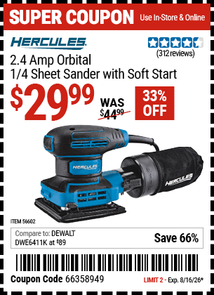 Harbor Freight Coupons, HF Coupons, 20% off - 2.4 Amp Corded 1/4 Sheet Palm Finishing Sander