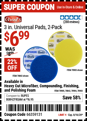 Harbor Freight Coupons, HF Coupons, 20% off - GRANT�S 3 in. Universal Polishing Foam Pad 
