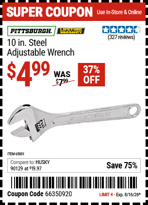 Harbor Freight Coupons, HF Coupons, 20% off - 10 in. Steel Adjustable Wrench