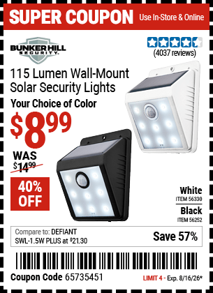 Harbor Freight Coupons, HF Coupons, 20% off - Wall Mount Solar Security Light, White