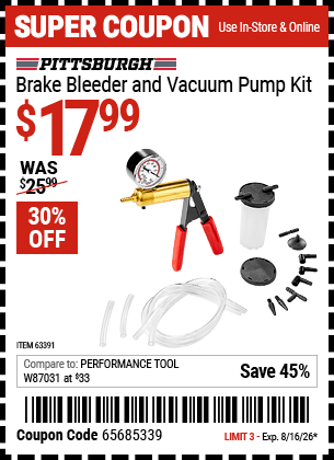 Harbor Freight Coupons, HF Coupons, 20% off - PITTSBURGH AUTOMOTIVE Brake Bleeder and Vacuum Pump Kit for $17.99