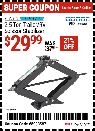 Harbor Freight Coupons, HF Coupons, 20% off - 2.5 Ton Scissor Jack