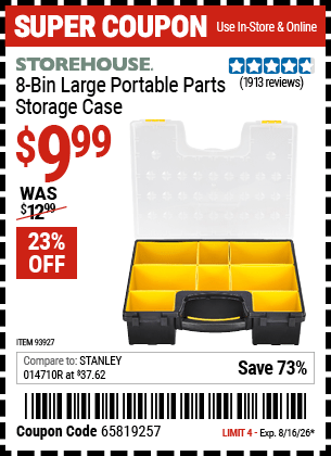 Harbor Freight Coupons, HF Coupons, 20% off - 8 Bin Large Portable Parts Storage Case
