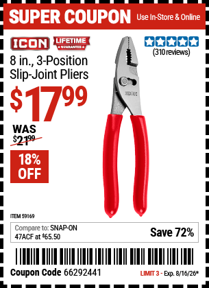 Harbor Freight Coupons, HF Coupons, 20% off - ICON 8 in. Slip Joint Pliers for $14.99