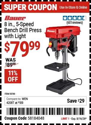 Harbor Freight Coupons, HF Coupons, 20% off - BAUER 8 in., 5-Speed Bench Drill Press with Light for $79.99