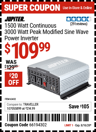 Harbor Freight Coupons, HF Coupons, 20% off - 1500 Watt Continuous/3000 Watt Peak Power Inverter