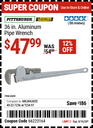 Harbor Freight Coupons, HF Coupons, 20% off - 36 in. Aluminum Pipe Wrench