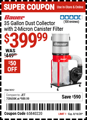 Harbor Freight Coupons, HF Coupons, 20% off - BAUER Dust Collector with 2 Micron Canister Filter 