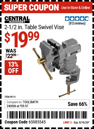 Harbor Freight Coupons, HF Coupons, 20% off - CENTRAL MACHINERY 2-1/2 in. Table Swivel Vise 