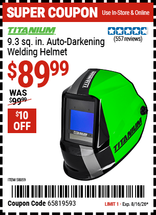 Harbor Freight Coupons, HF Coupons, 20% off - TITANIUM 9.3 sq. in. Auto Darkening Welding Helmet 