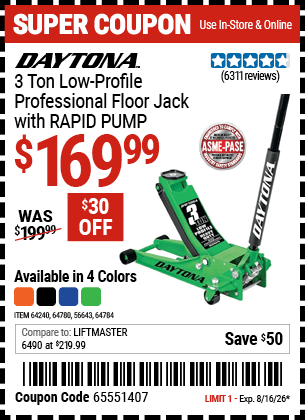 Harbor Freight Coupons, HF Coupons, 20% off - Daytona Rapid Pump 3 Ton Steel Low Profile Floor Jacks