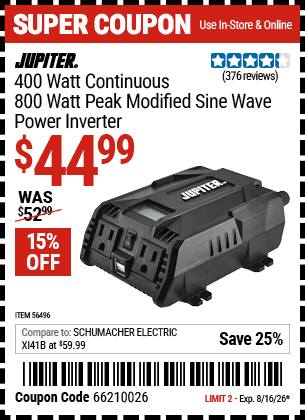 Harbor Freight Coupons, HF Coupons, 20% off - 400 Watt Continuous/800 Watt Peak Modified Sine Wave Power Inverter
