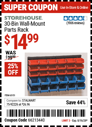 Harbor Freight Coupons, HF Coupons, 20% off - 30 Bin Wall Mount Parts Rack