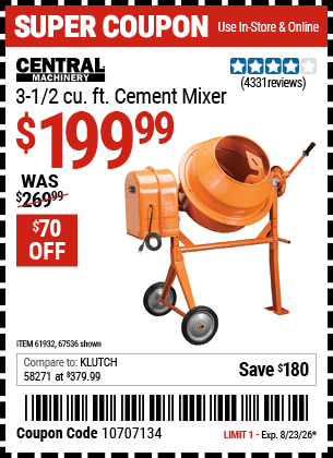 Harbor Freight Coupons, HF Coupons, 20% off - 3-1/2 Cubic Ft. Cement Mixer