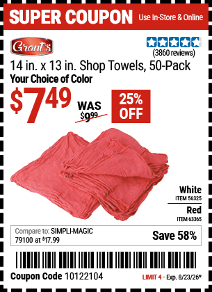 Harbor Freight Coupons, HF Coupons, 20% off - 14 in. x 13 in. White Shop Towels, 50 Pk.
