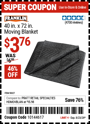 Harbor Freight Coupons, HF Coupons, 20% off - FRANKLIN 40 in. x 72 in. Moving Blanket 