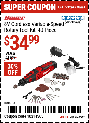 Harbor Freight Coupons, HF Coupons, 20% off - BAUER 8V Cordless Variable Speed Rotary Tool Kit 