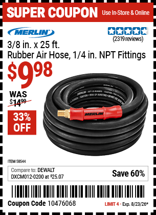 Harbor Freight Coupons, HF Coupons, 20% off - MERLIN 3/8 in. x 25 ft. Rubber Air Hose for $11.99
