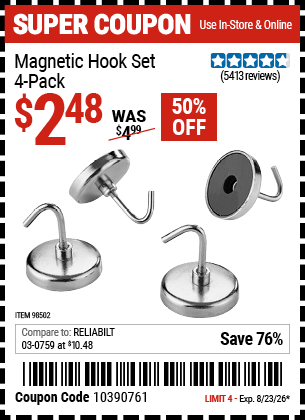 Harbor Freight Coupons, HF Coupons, 20% off - 4 Piece Magnetic Hook Set