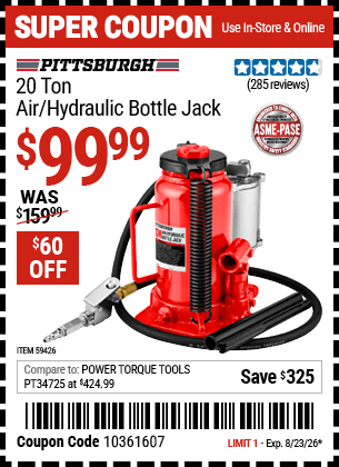 Harbor Freight Coupons, HF Coupons, 20% off - PITTSBURGH 20 ton Air/Hydraulic Bottle Jack for $99.99