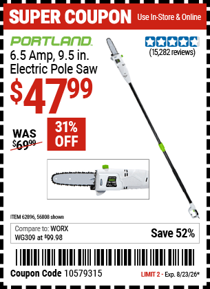 Harbor Freight Coupons, HF Coupons, 20% off - 7 Amp 1.5 Hp Electric Pole Saw