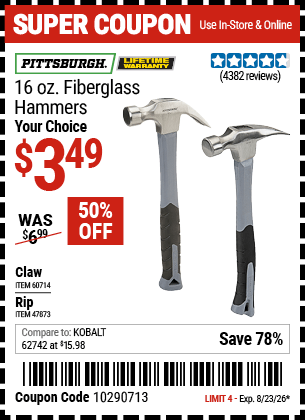 Harbor Freight Coupons, HF Coupons, 20% off - 16 Oz. Fiberglass Handle Hammers