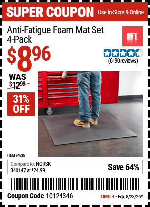 Harbor Freight Coupons, HF Coupons, 20% off - 4 Piece Anti-fatigue Foam Mat Set