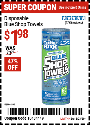 Harbor Freight Coupons, HF Coupons, 20% off - Disposable Blue Shop Towels