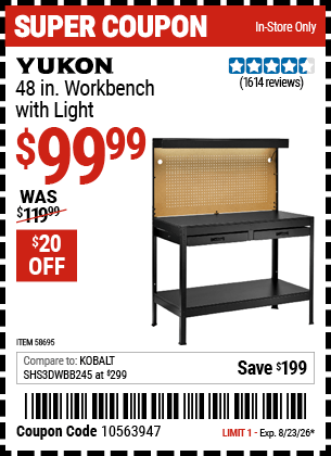 Harbor Freight Coupons, HF Coupons, 20% off - YUKON 48 in. Workbench with Light 