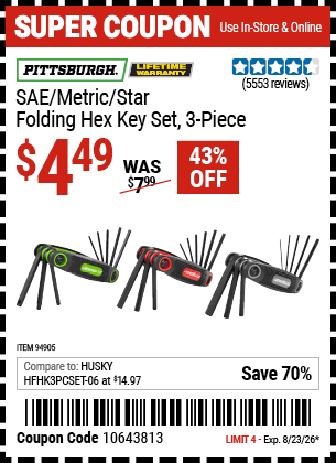 Harbor Freight Coupons, HF Coupons, 20% off - Sae/metric/torx Folding Hex Key Set Pack Of 3