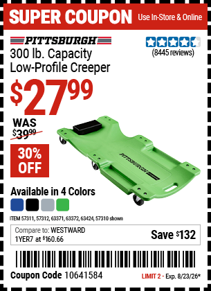 Harbor Freight Coupons, HF Coupons, 20% off - 40 in. 300 lb. Capacity Low-Profile Creeper, Blue