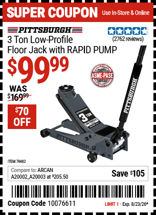 Harbor Freight Coupons, HF Coupons, 20% off - PITTSBURGH 3-Ton Low-Profile Floor Jack with RAPID PUMP 