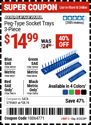Harbor Freight Coupons, HF Coupons, 20% off - U.S. GENERAL Peg-Type Socket Tray, 3 Pc. for $14.99