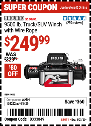 Harbor Freight Coupons, HF Coupons, 20% off - BADLAND ZXR 9500 lb. Truck/SUV Winch with Wire Rope 