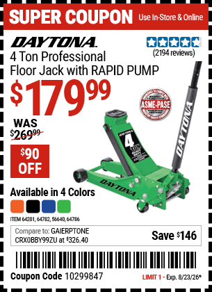 Harbor Freight Coupons, HF Coupons, 20% off - Daytona 4 Ton Heavy Duty Floor Jack