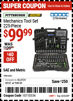 Harbor Freight Coupons, HF Coupons, 20% off - 225 Piece Mechanic's Tool Kit