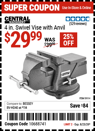 Harbor Freight Coupons, HF Coupons, 20% off - ENTRAL MACHINERY 4 in. Swivel Vise with Anvil for $29.99