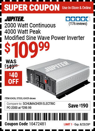 Harbor Freight Coupons, HF Coupons, 20% off - 2000 Watt Continuous/4000 Watt Peak Power Inverter