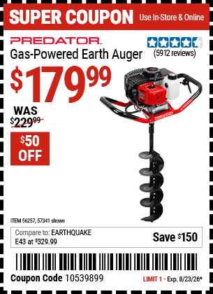 Harbor Freight Coupons, HF Coupons, 20% off - 2 Hp Gas Powered Earth Auger With 6