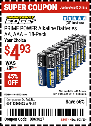 Harbor Freight Coupons, HF Coupons, 20% off - THUNDERBOLT EDGE Alkaline Batteries for $4.99