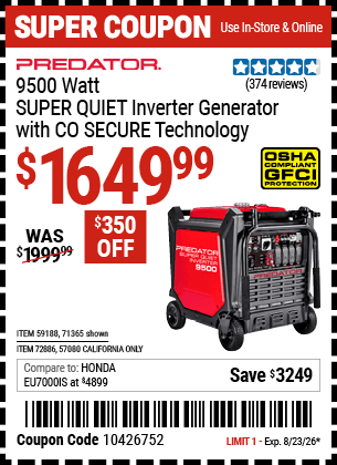 Harbor Freight Coupons, HF Coupons, 20% off - PREDATOR 9500 Watt SUPER QUIET Inverter Generator with CO SECURE Technology 