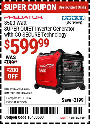 Harbor Freight Coupons, HF Coupons, 20% off - PREDATOR 3500 Watt Super Quiet Inverter Generator with CO SECURE� Technology 