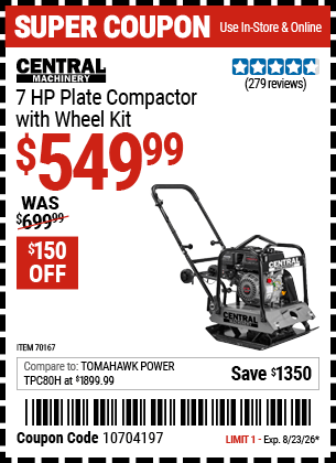 Harbor Freight Coupons, HF Coupons, 20% off - CENTRAL MACHINERY 6.5 HP Plate Compactor with Wheel Kit for $629.99