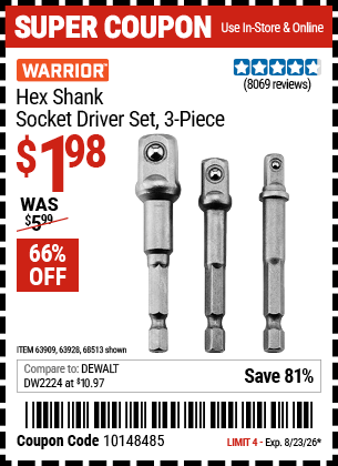 Harbor Freight Coupons, HF Coupons, 20% off - 3 Piece Hex Drill Socket Driver Set