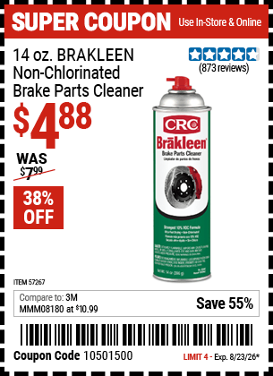 Harbor Freight Coupons, HF Coupons, 20% off - 14 Oz. Brakleen Non-Chlorinated Brake Parts Cleaner